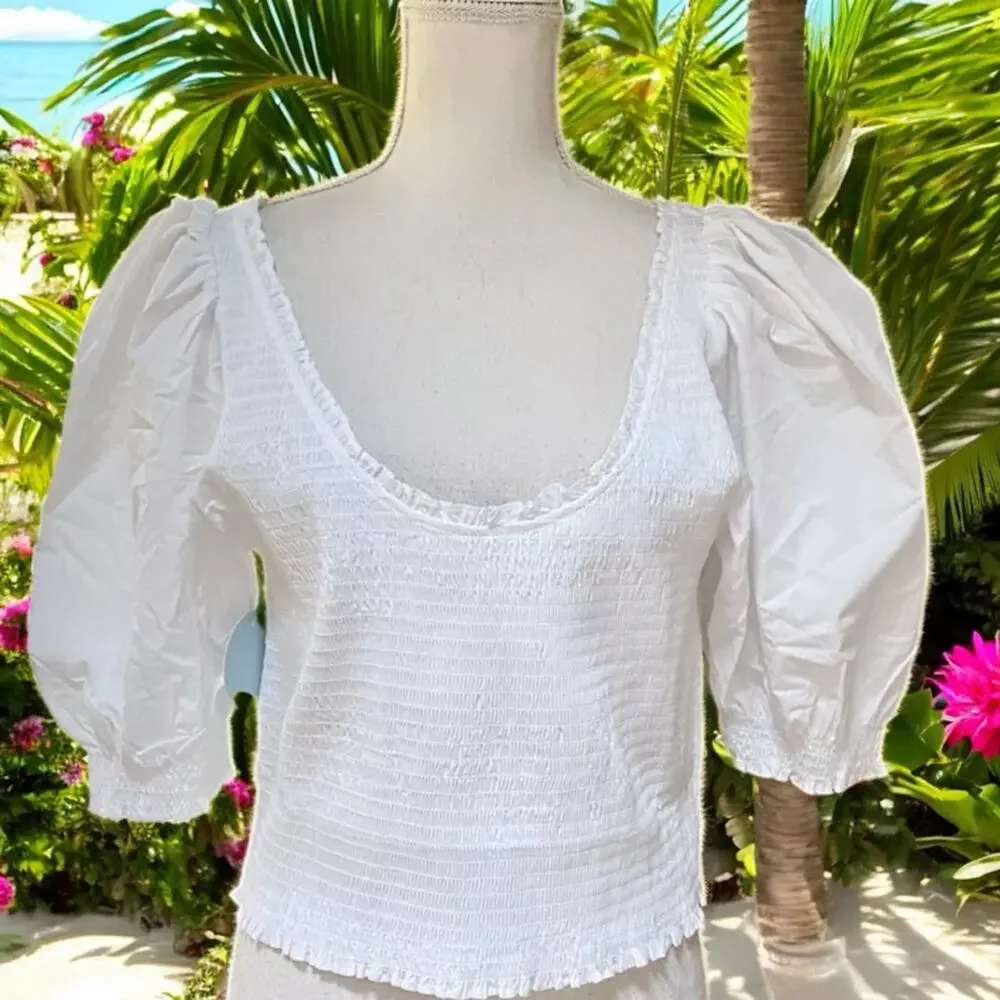 NWT Hill House The Aiko Smocked Cropped  Cotton Nap Top in White size XXL